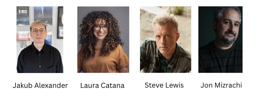 En una serie de retratos, aparecen cuatro personas con sus nombres elegantemente mostrados debajo: Jakub Alexander, Laura Catana, Steve Lewis y Jon Mizrachi. Sus expresiones reflejan el logro de sus recientes promociones en sus respectivos campos.